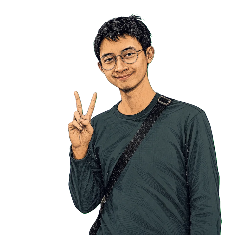 Zain smiling and making a peace sign, rendered as a color ink illustration