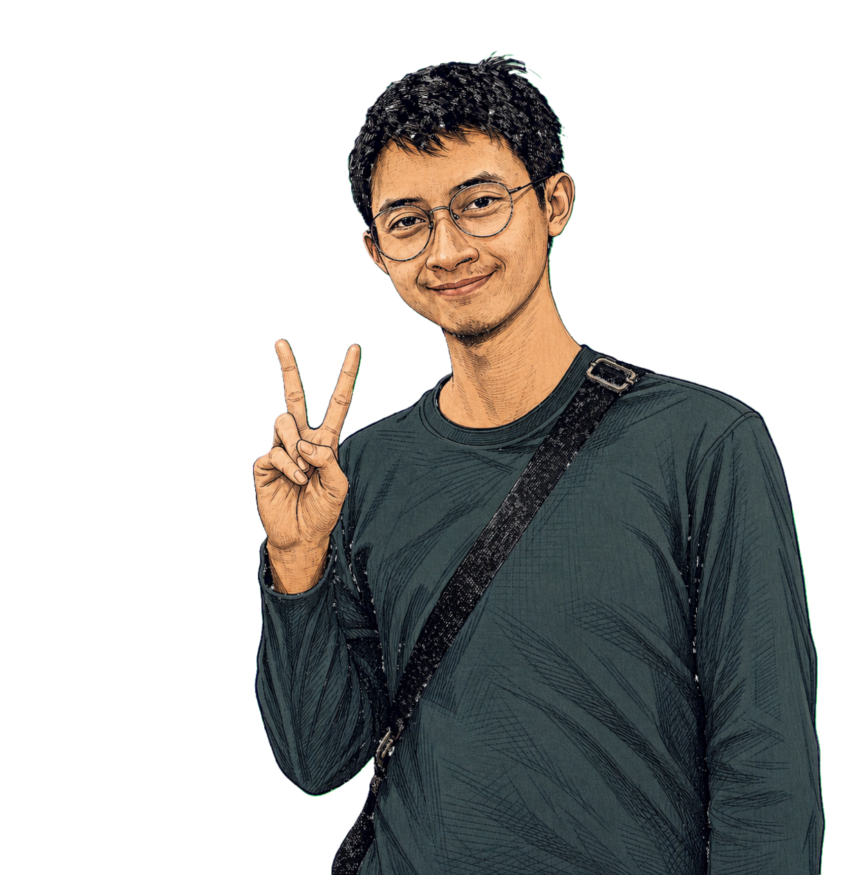 Zain smiling and making a peace sign, rendered as a color ink illustration